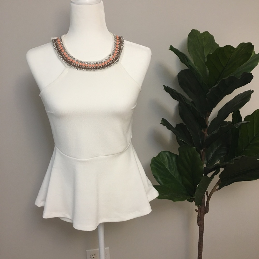 White Peplum Top Jewel Neckline